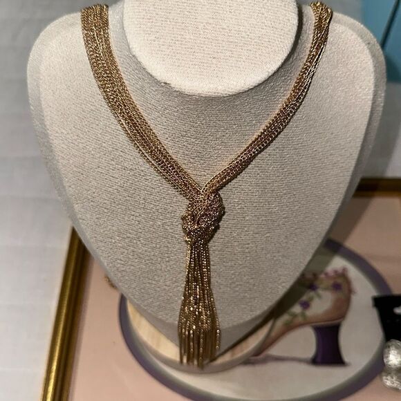 Gold Tone Multi Strand Chain Knot Tie Necklace - Picture 1 of 6